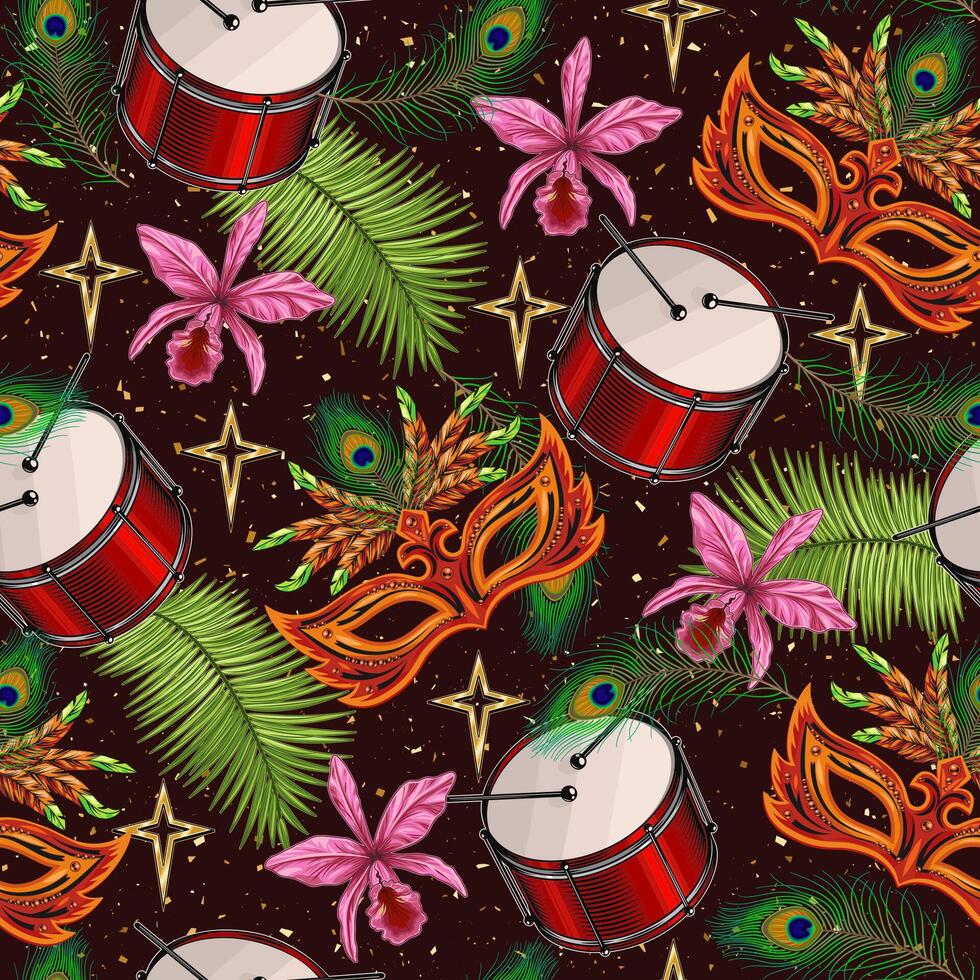 mönster med karneval mask, fjädrar, trummor, stjärnor, tropisk löv och orkide. texturerad bakgrund. detaljerad årgång illustration för grafik, kläder, Kläder, yta design vektor