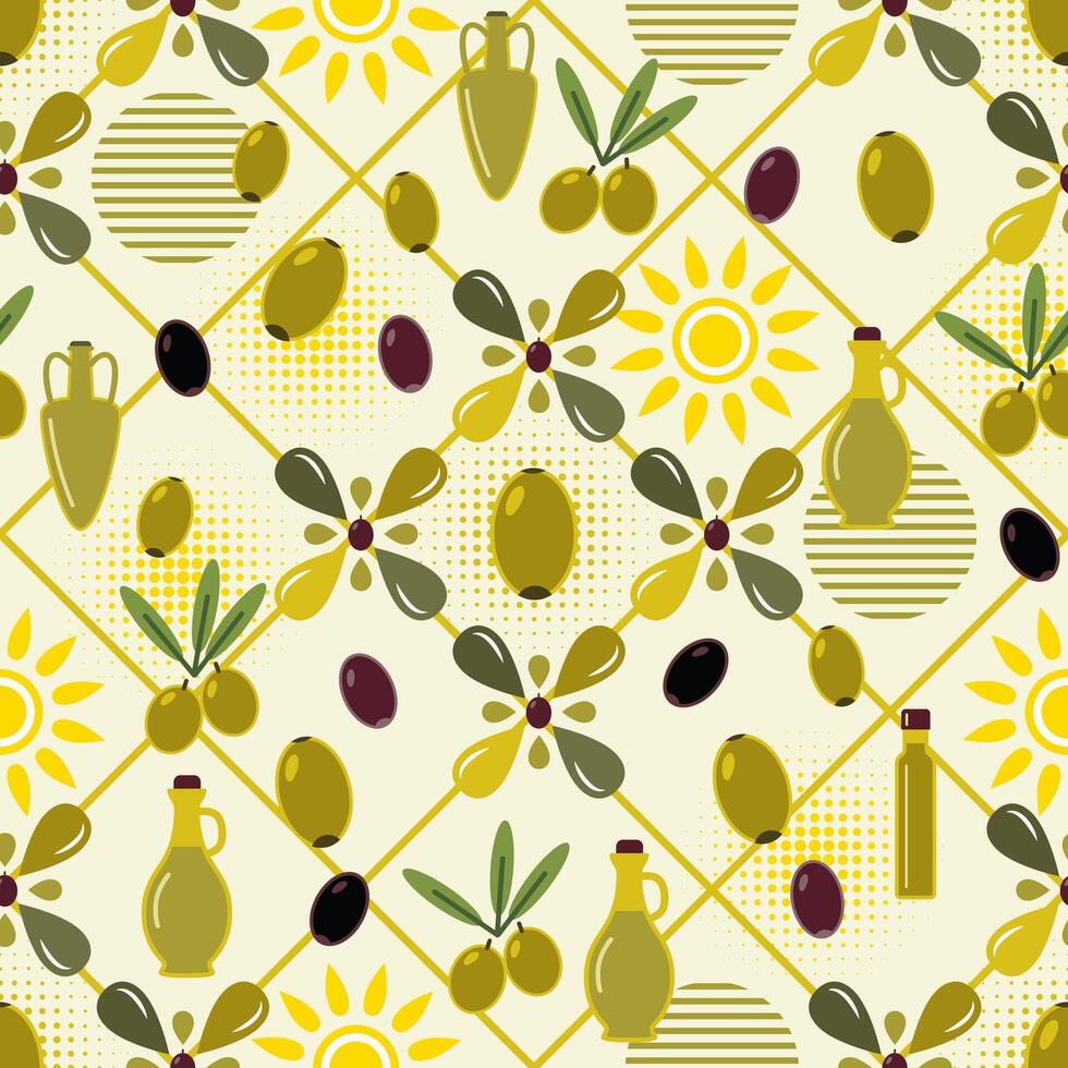 sömlös oliv olja tema mönster med ikoner, geometrisk former i fyrkant diagonal rutnät. enkel platt stil. för varumärke, dekoration av mat paket, dekorativ skriva ut vektor