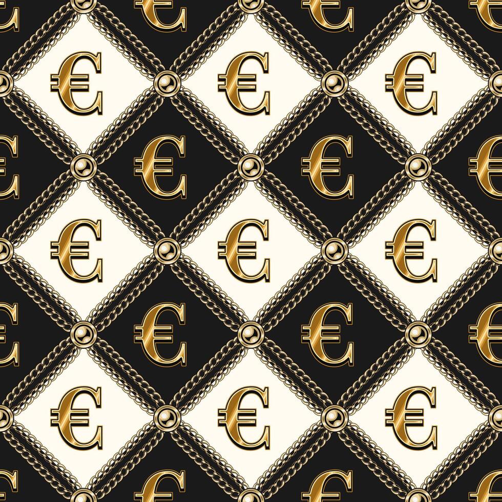 sicksack lyx årgång svart och vit mönster med skinande guld euro tecken, guld kedjor, pärlor. sömlös bakgrund. vektor