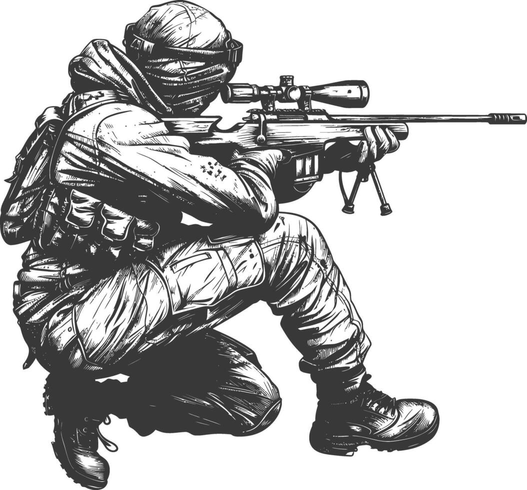Scharfschütze Heer Soldat im Aktion voll Körper Bild mit alt Gravur Stil vektor