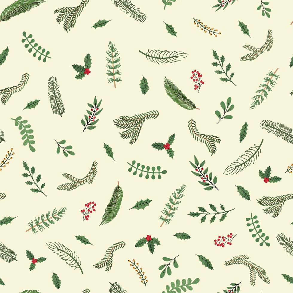 Vektor moderne nahtlose Muster mit bunten Hand zeichnen Illustration von Weihnachtspflanzen. Verwenden Sie es für Tapeten, Textildruck, Füllungen, Webseiten, Oberflächenstrukturen, Geschenkpapier, Präsentationsdesign