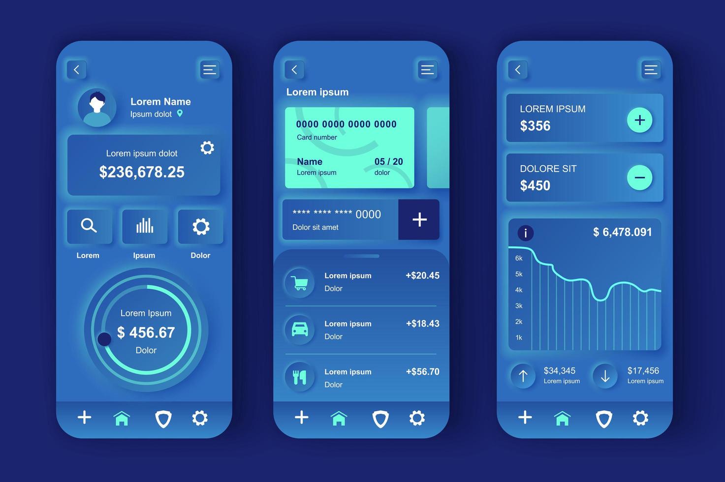 onlinebank koncept neumorfisk mallar set. förvaltning och redovisning privatekonomi, betalning, transaktion. ui, ux, gui-skärmar för responsiv mobilapp. vektor design kit i neumorfism stil