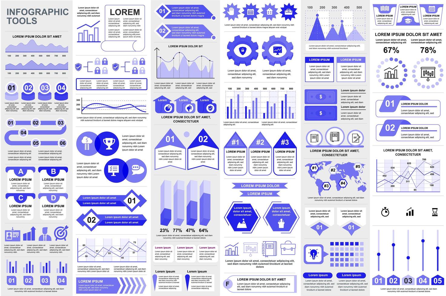 Bündeln Sie Infografik-Elemente-Datenvisualisierungsvektor-Design-Vorlage. Mega-Set. kann für Schritte, Geschäftsprozesse, Workflow, Diagramm, Flussdiagrammkonzept, Zeitleiste, Symbole, Infografiken verwendet werden. vektor