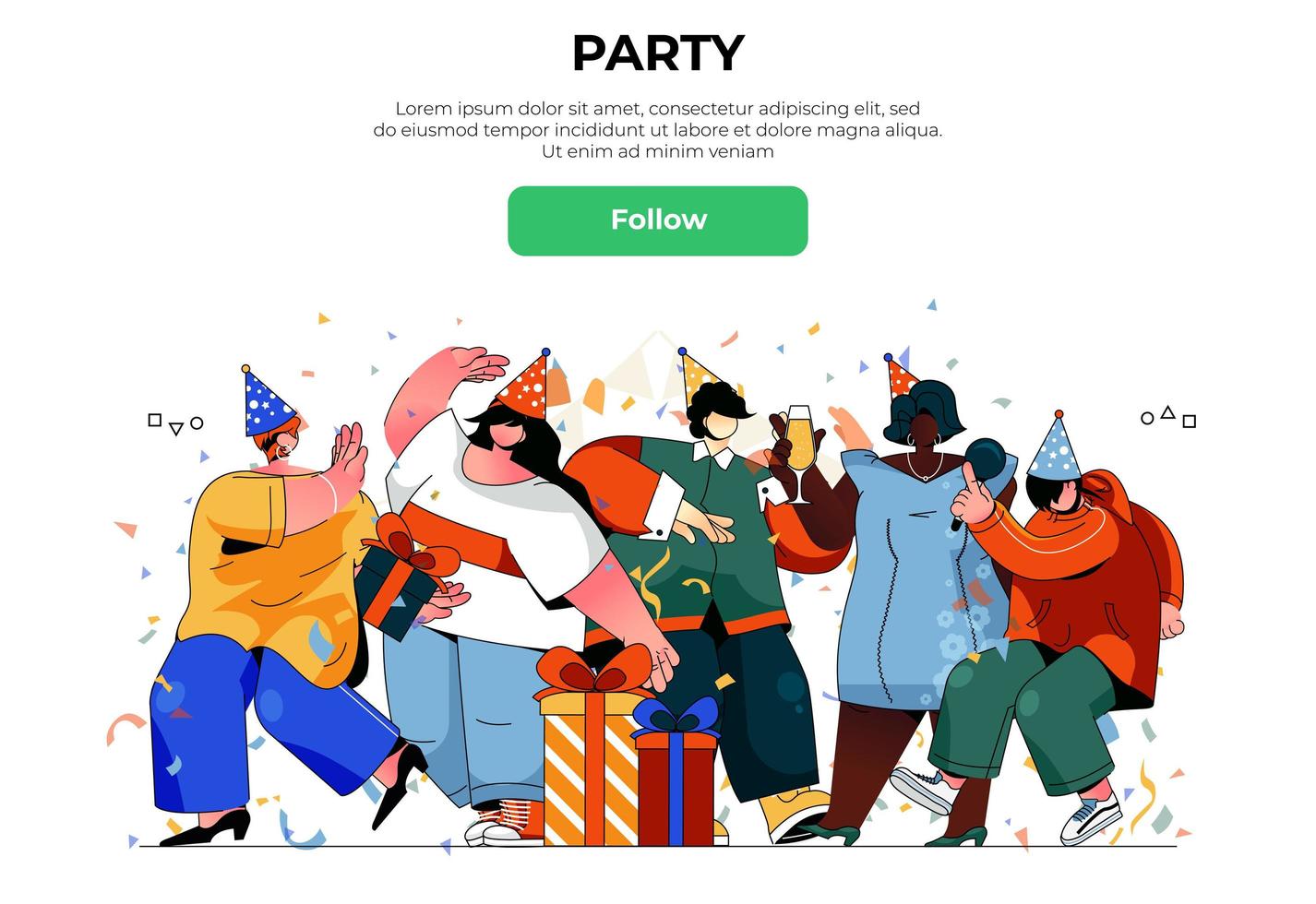 party web banner koncept. glada män och kvinnor firar semester vid festliga evenemang, dansar och ger presenter, mall för underhållningsmålsida. vektor illustration med människor scen i platt design