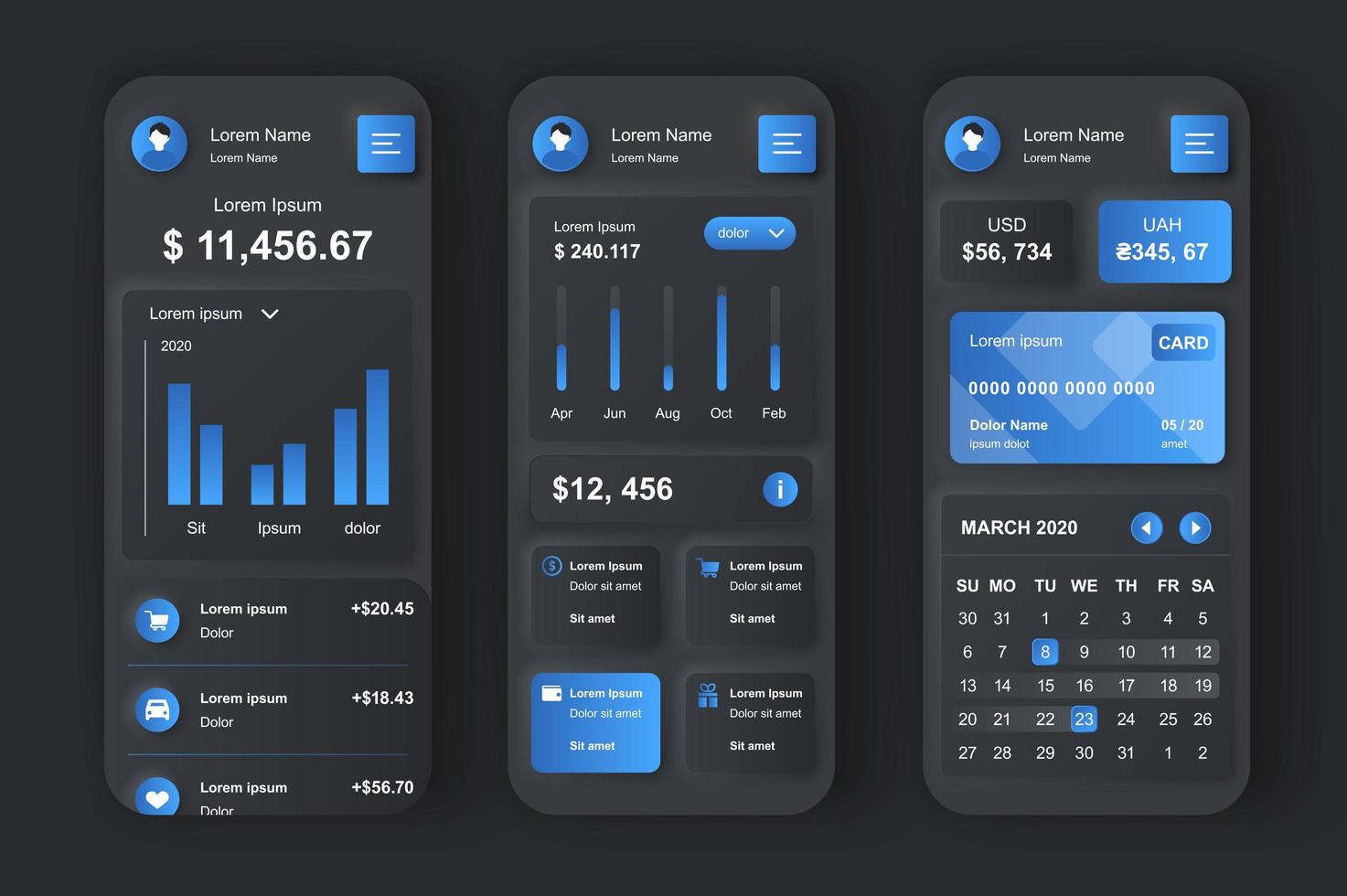 finanstjänster koncept neumorfisk mallar set. visualisering av finansiell data, underhåll av kundkonton. ui, ux, gui-skärmar för responsiv mobilapp. vektor design kit i neumorfism stil