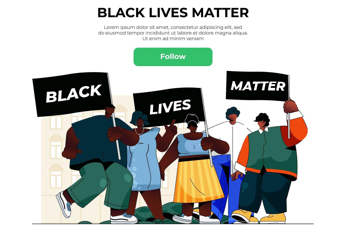 svarta liv betyder webbbanner koncept. afrikanska män och kvinnor håller rally plakat och protesterar tillsammans, mänskliga rättigheter kamp målsida mall. vektor illustration med människor scen i platt design
