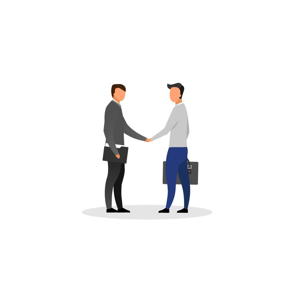 Geschäftsmann Handshake flache Vektor-Illustration. Geschäftspartner, Investoren, Unternehmer, die Geschäfte machen, isolierte Zeichentrickfiguren auf weißem Hintergrund. erfolgreiche Partnerschaft, Verhandlungskonzept vektor