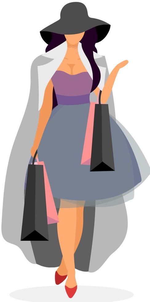 Elegante Shopper-flache Vektor-Illustration. Schöne Dame, die Luxuskleidung in der Modeboutique kauft. stilvoller Shopaholic, der exklusive Outfit-Cartoon-Figur kauft. Frau mit Einkaufstüten, Geschenken vektor