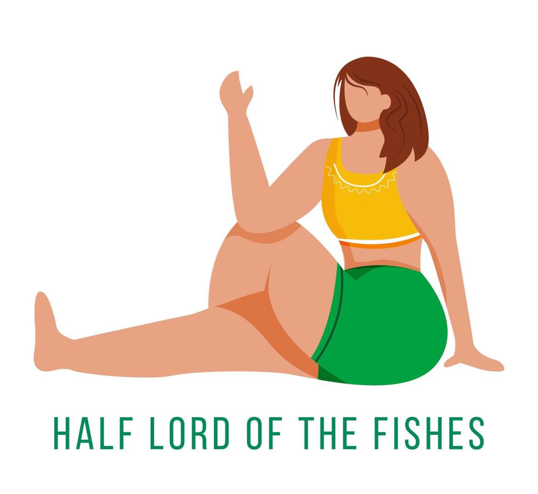 halv lord of fishes platt vektorillustration. ardha matsyendrasana. kaukusisk kvinna som utför yogaställning i gröna och gula sportkläder. träna. isolerade seriefigur på vit bakgrund vektor
