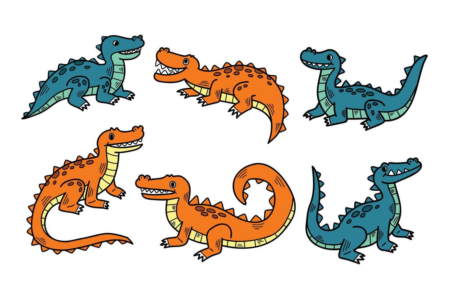 ein einstellen von sechs Karikatur Krokodile sind Sitzung im verschiedene posiert vektor