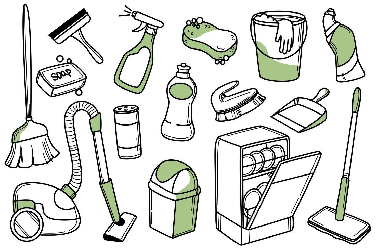 rengöring leveranser klotter ikoner. hand dragen uppsättning av tvättmedel, hushåll verktyg för rena, svamp, Vakuum rengöringsmedel, spray flaska, golv mopp, kvast, hink och diskmaskin. Utrustning för hushållsarbete begrepp. vektor