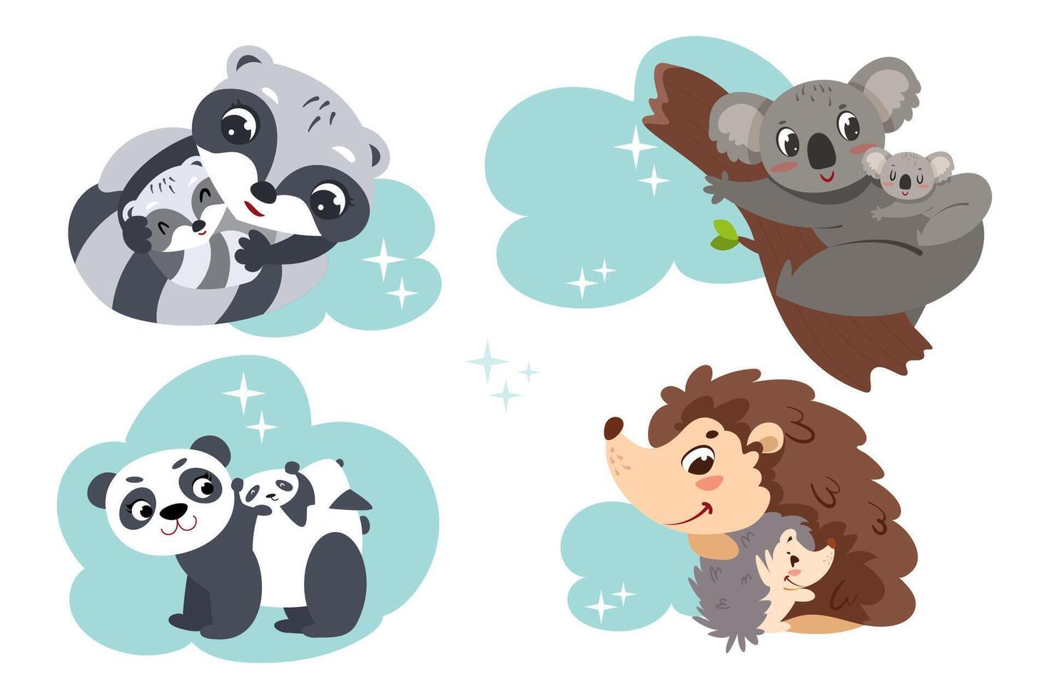 tecknad serie söt djur sömn på moln och gren. uppsättning av sovande bebis grå koala, panda, tvättbjörn och igelkott tecken och Lycklig mödrar platt illustration. samling av familj klistermärken. vektor