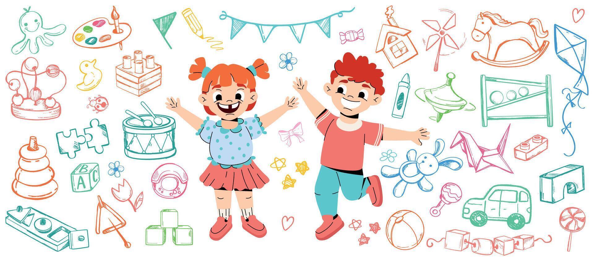 Kindertagesstätte Hand gezeichnet Gekritzel Symbol Satz. komisch Karikatur Kinder im Kindergarten abspielen mit hölzern montessori Spielzeuge. glücklich Baby Mädchen und Junge mit Farbe Linie Kunst Kind Spielzeug, Süßigkeiten. Vorschule Aktivität und Bildung. vektor