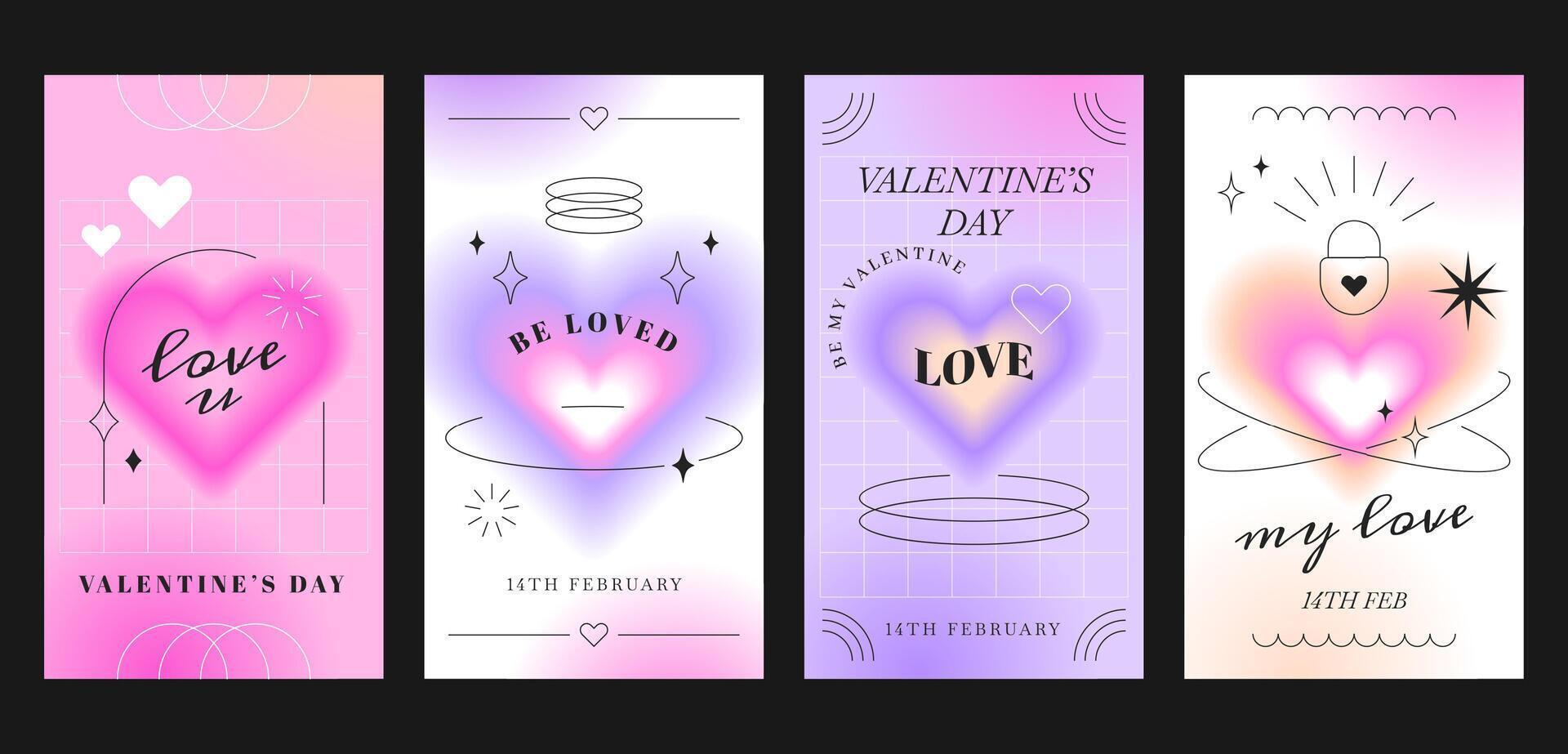 einstellen von glücklich Valentinstag Tag Gruß Karten. Liebe Abdeckungen mit romantisch verschwommen Gradient Aura Herzen. modisch minimalistisch ästhetisch Typografie Plakate oder Einladung Banner im modisch y2k Stil. vektor