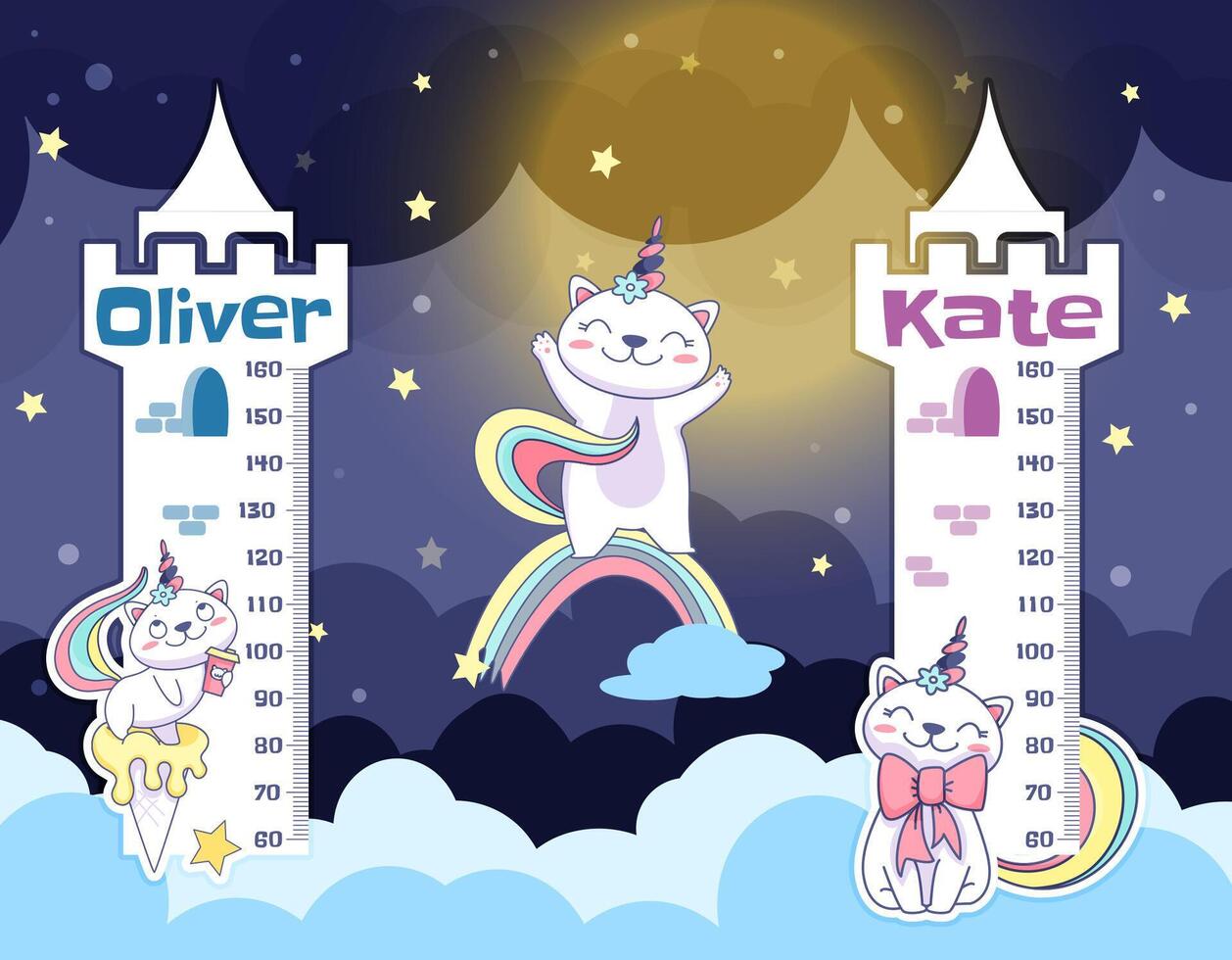 eben Kinder Höhe Diagramm mit süß Katzenhorn. Kind Wachstum Mauer Meter mit Einhorn Katze, glücklich Kitty auf Himmel Wolken und Regenbogen. Messung Lineal Kinder, Wachstum Rahmen zum Kindergarten oder Kindergarten Design. vektor