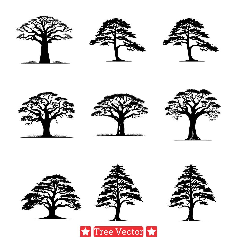 förtjusande skog olika träd silhuetter samling för natur älskande vektor