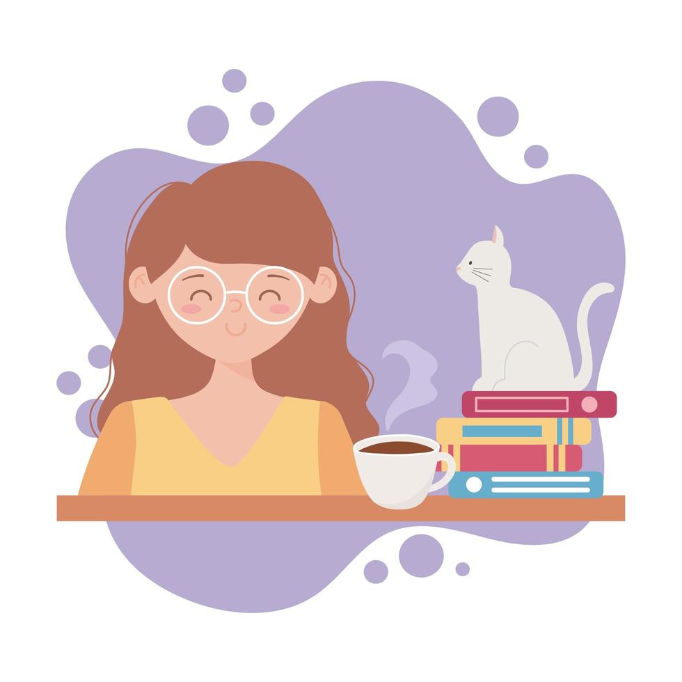 stanna hemma, ung kvinna med kattkaffekopp och böcker vektor