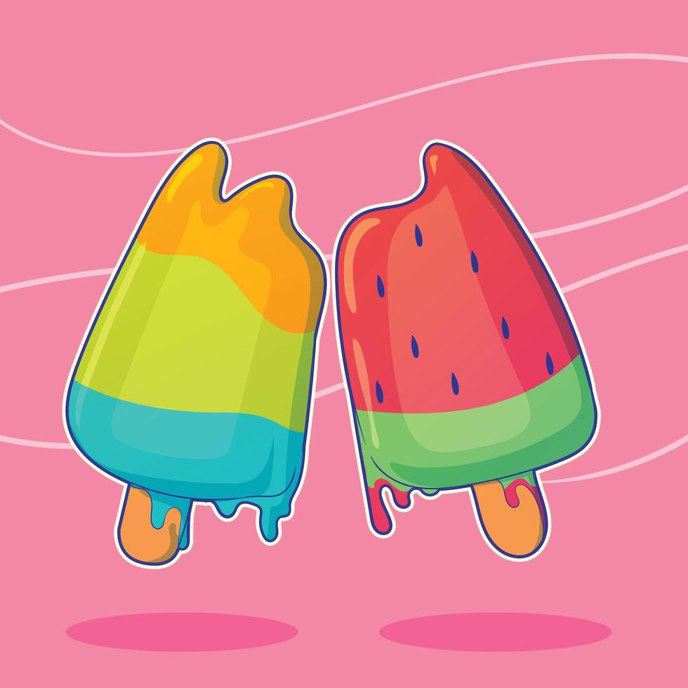 Illustration von Wassermelone Eis Sahne und bunt Obst Aromen, schmelzen auf ein Rosa Hintergrund vektor