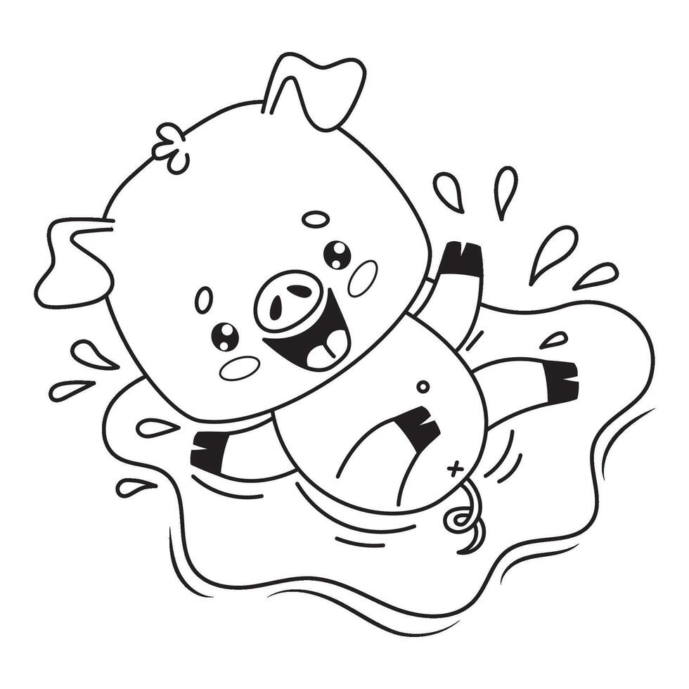 Lycklig leende gris stänk i pöl av vatten. söt översikt djur- tecknad serie karaktär. linje teckning, färg bok. illustration. barn samling. vektor