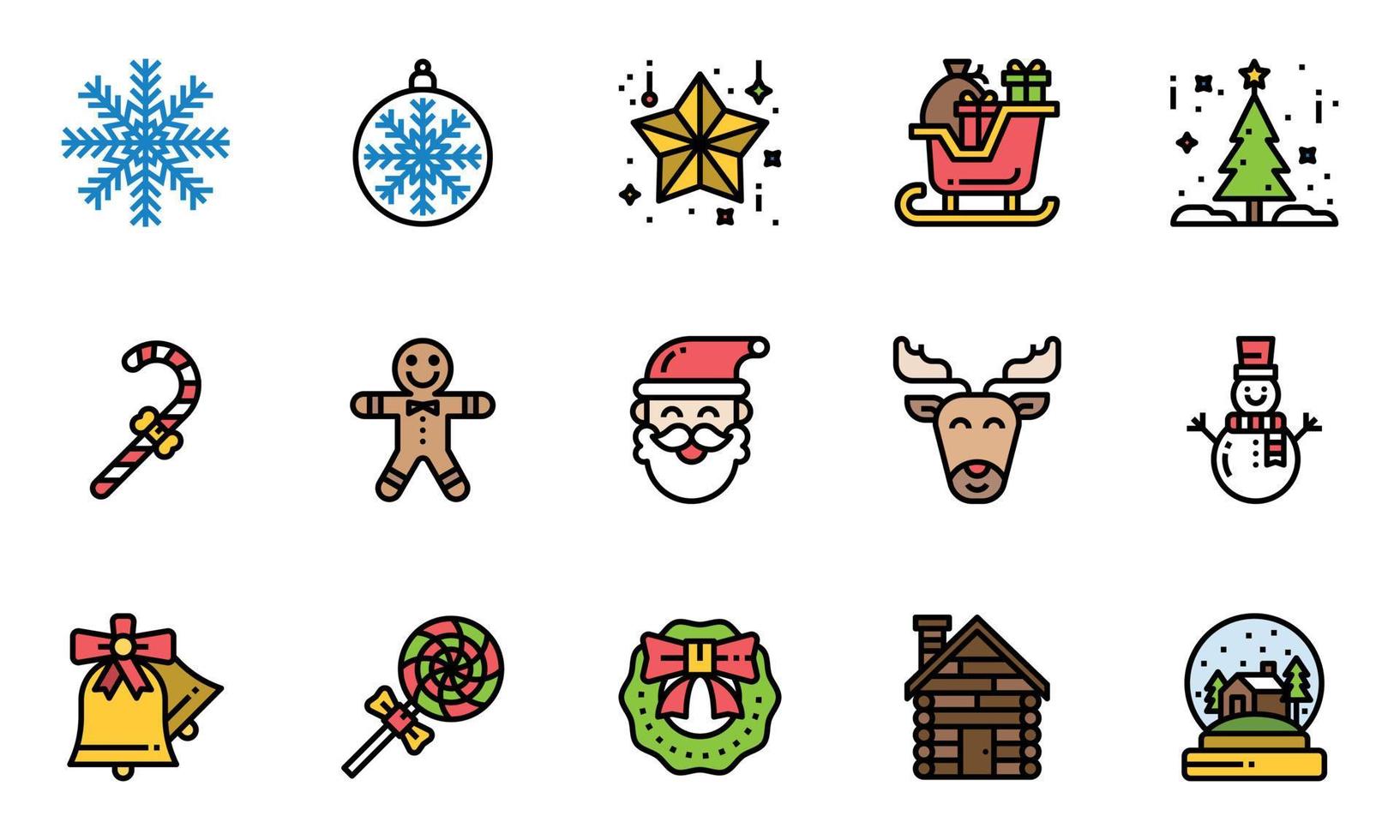 Weihnachtssymbole Linie Farbvektorillustration, Schneeflocke, Süßigkeiten, Schlitten, Weihnachtstag vektor