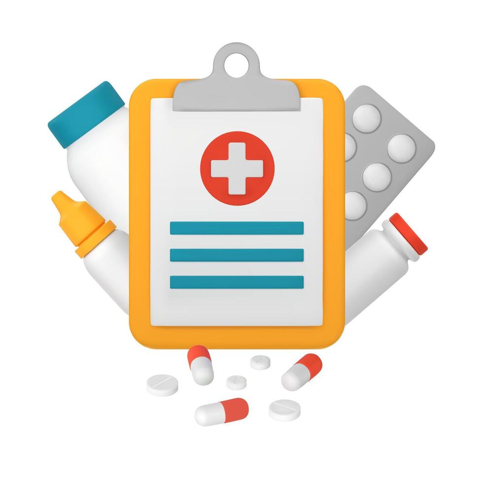 medizinisch Karte, Zwischenablage. Medikamente, Kapseln, Tablets. medizinisch Behandlung. 3d Illustration isoliert auf ein Weiß Hintergrund vektor