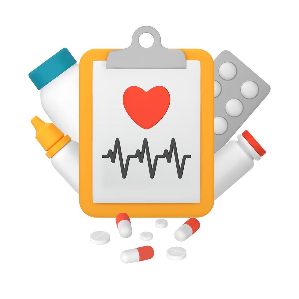 medicinsk kort, Urklipp med hjärta och hjärtslag. mediciner, kapslar, tabletter. kardiogram resultat. medicinsk behandling. 3d illustration isolerat på en vit bakgrund vektor