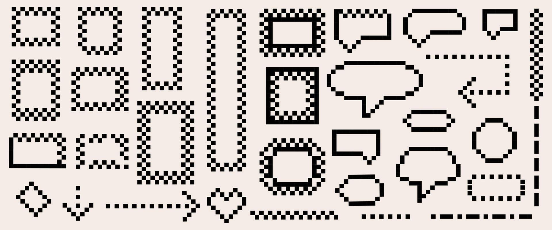 Pixel Kunst Rahmen. schwarz und Weiß Pixel Rahmen, Botschaft Blasen, Pfeile und andere Formen im Pixel retro Stil vektor