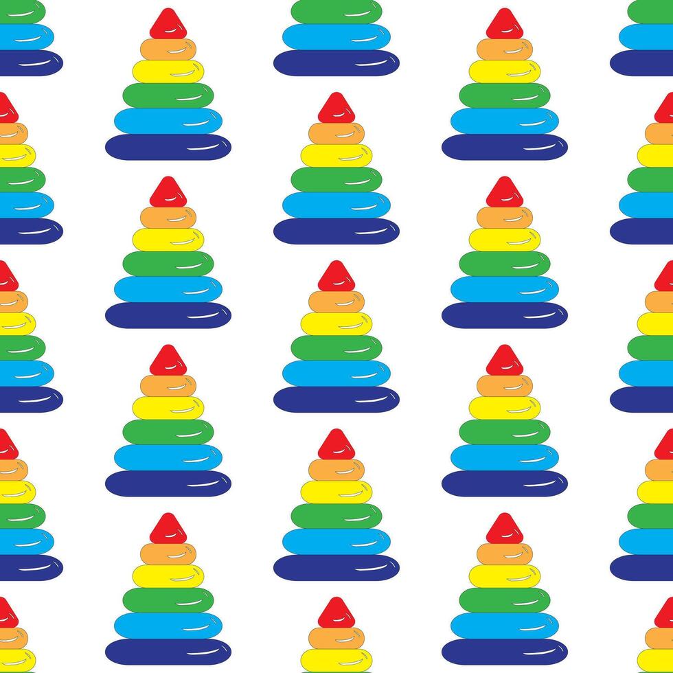 Kinder- lehrreich Spielzeug Pyramide mit mehrfarbig Ringe. nahtlos Muster. Illustration auf ein Weiß Hintergrund. vektor