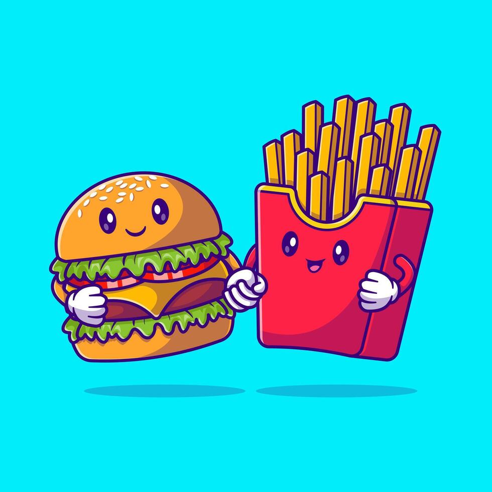 süß Burger und Fritten im Beste freunde komisch Karikatur Symbol Illustration. Essen Objekt Symbol isoliert vektor