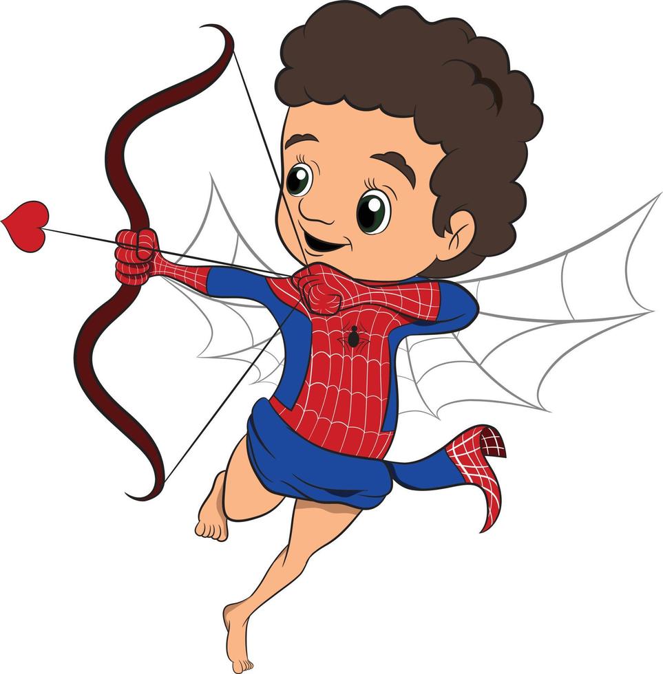 Spiderman-Fanart. Amor der Liebesgott verkleidet als Spiderman mit Pfeil und Bogen in der Hand. niedliche Valentinstag-Vektor-Grafik isoliert auf weißem Hintergrund. vektor