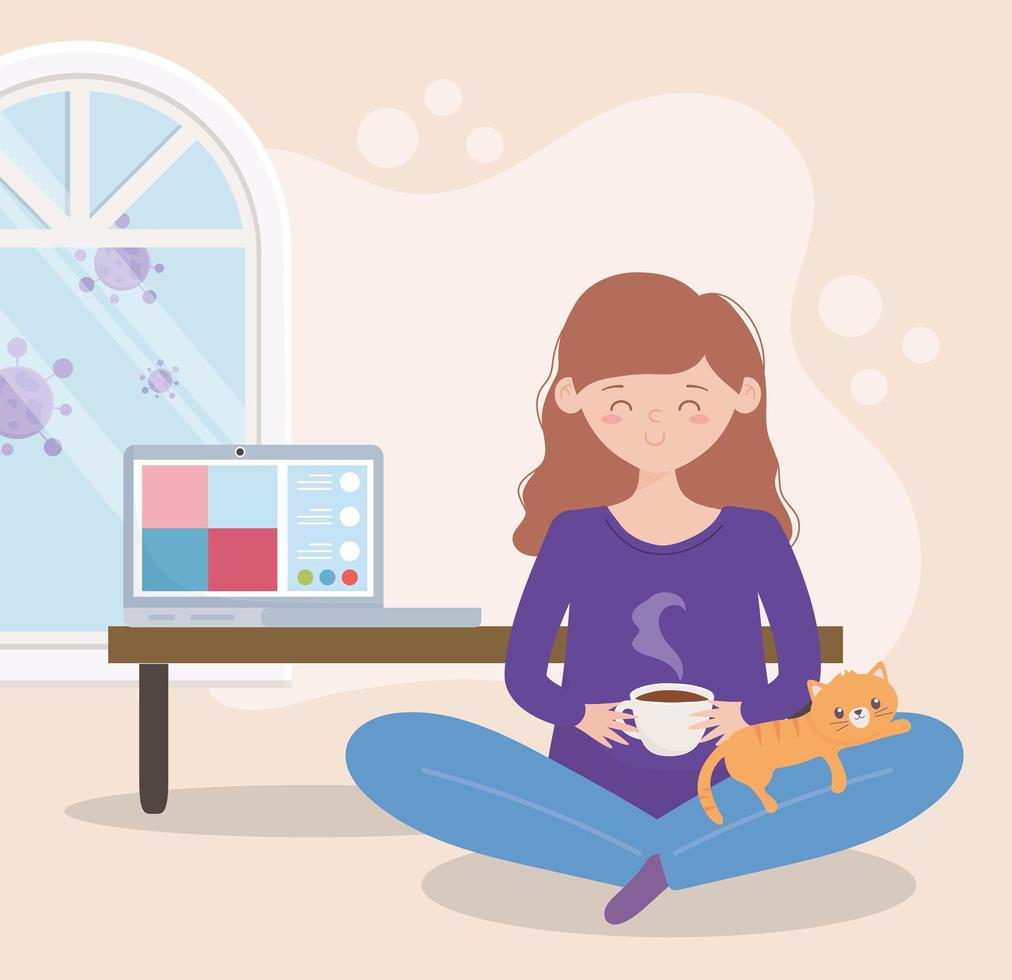 stanna hemma, gravid kvinna med kaffe och katt i möte online vektor