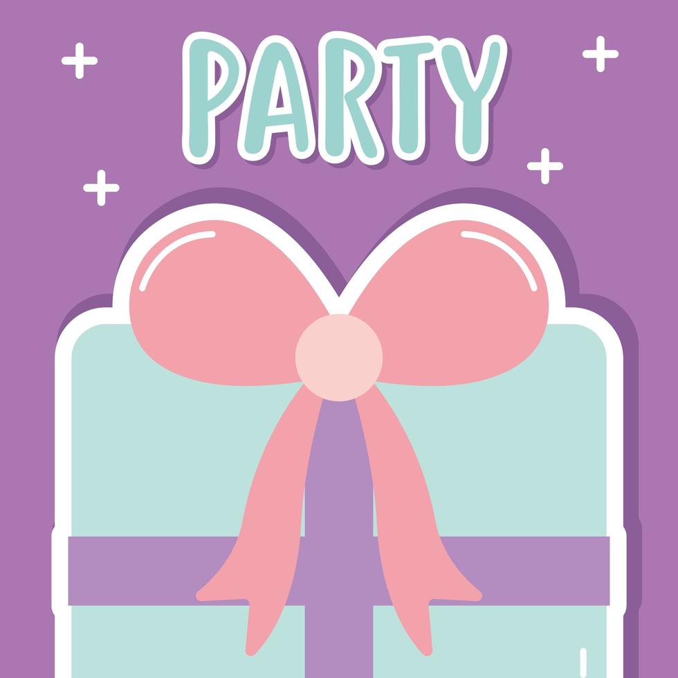 Geschenkbox mit Party-Schriftzug auf lila Hintergrund vektor