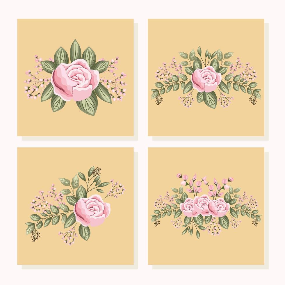 Satz rosa Rosenblüten mit Blättern, die in Rahmenvektordesign malen vektor