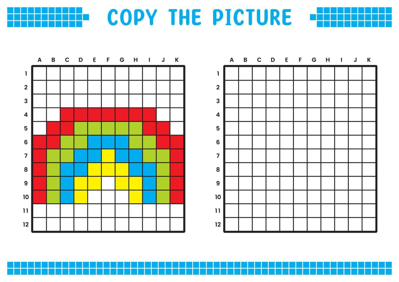 kopia de bild, komplett de rutnät bild. pedagogisk kalkylblad teckning med rutor, färg cell områden. barns förskola aktiviteter. tecknad serie , pixel konst. regnbåge illustration. vektor