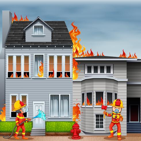 Feuerwehrleute am Ort des Hausbrandes vektor