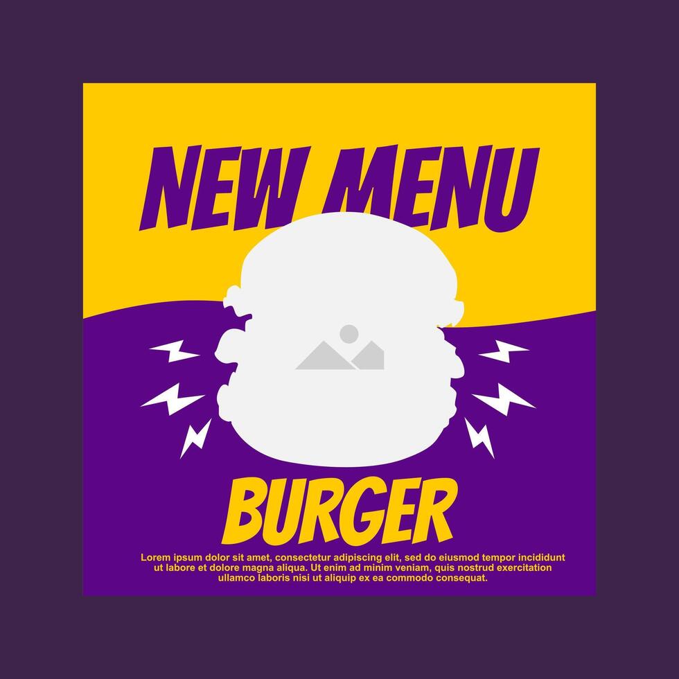 Gelb und lila Sozial Medien Post Vorlage Design zum Burger Restaurant Beförderung vektor
