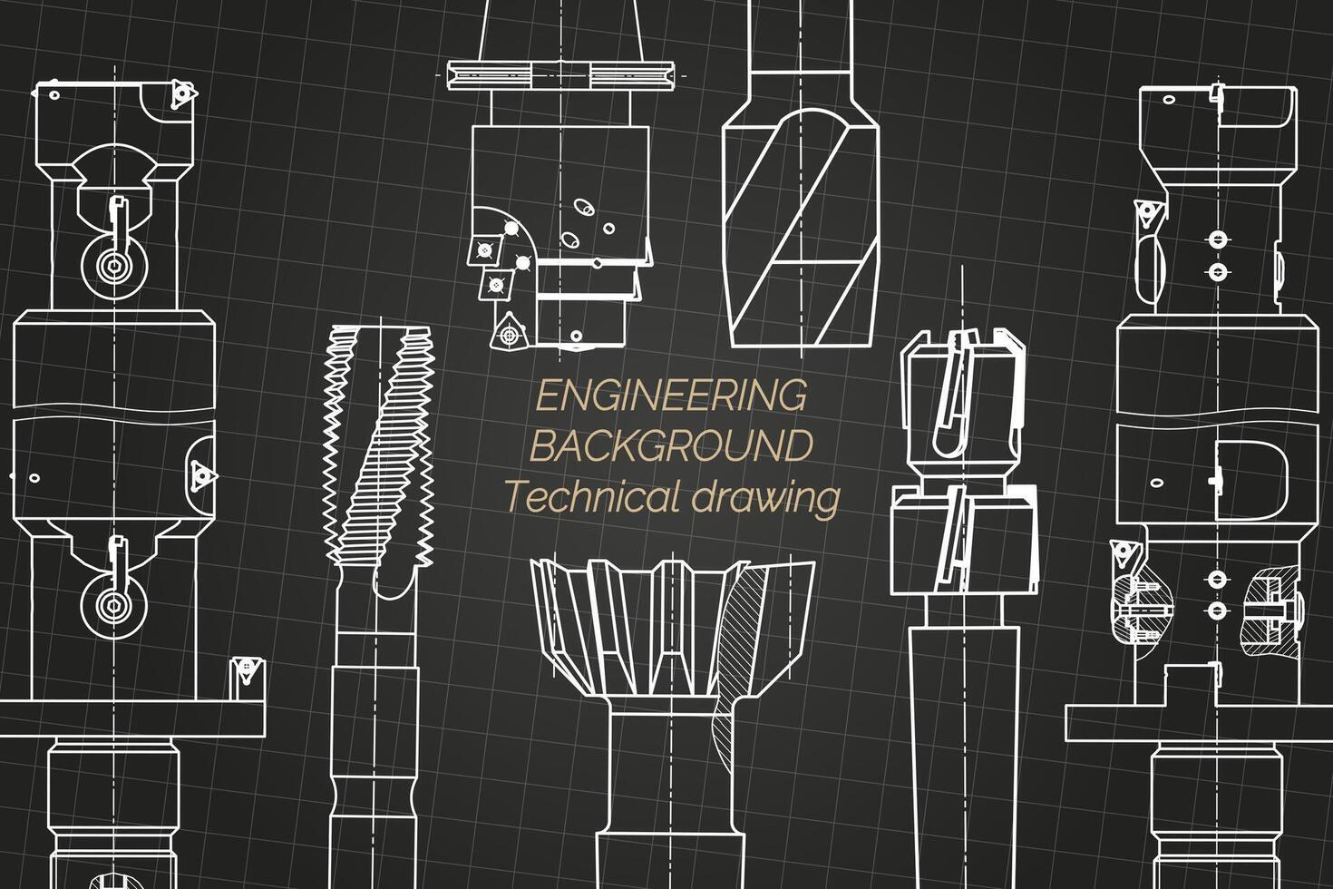 mechanisch Ingenieurwesen Zeichnungen auf schwarz Hintergrund. Zapfhahn Werkzeug, Bohrer. technisch Design. Abdeckung. Entwurf. Illustration. vektor