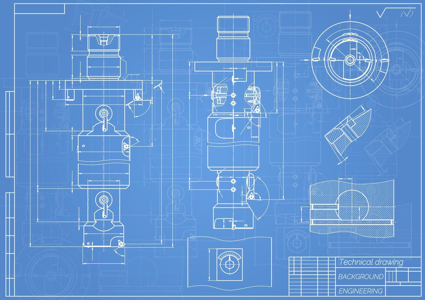 mechanisch Ingenieurwesen Zeichnungen auf Blau Hintergrund. Zapfhahn Werkzeug, Bohrer. technisch Design. Abdeckung. Entwurf. Illustration. vektor