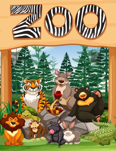 Zooeingang mit vielen wilden Tieren unter dem Zeichen vektor