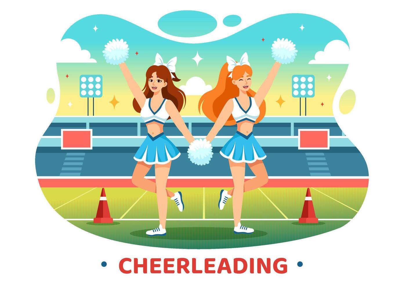 cheerleader flicka illustration med cheerleading pom poms av dans och Hoppar till Stöd team sport under konkurrens på platt bakgrund vektor