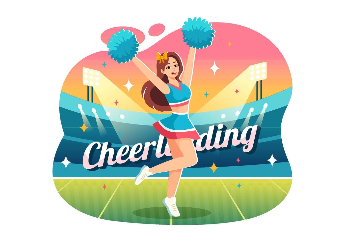 cheerleader flicka illustration med cheerleading pom poms av dans och Hoppar till Stöd team sport under konkurrens på platt bakgrund vektor