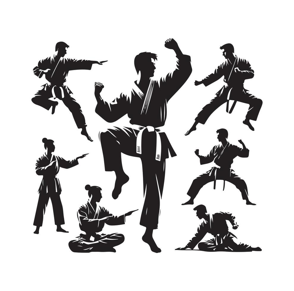 krigisk konst eller karate silhuetter illustration . japan Kina traditionell krigisk konst. självförsvar presentation symboler. kropp poser ikoner. karate poser tecken vektor