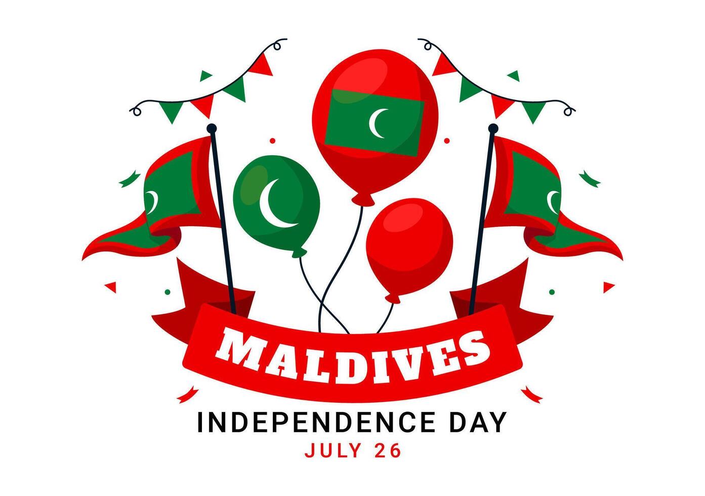 Lycklig maldiverna oberoende dag illustration på 26 juli med maldivian vågig flagga och band i platt tecknad serie bakgrund design vektor