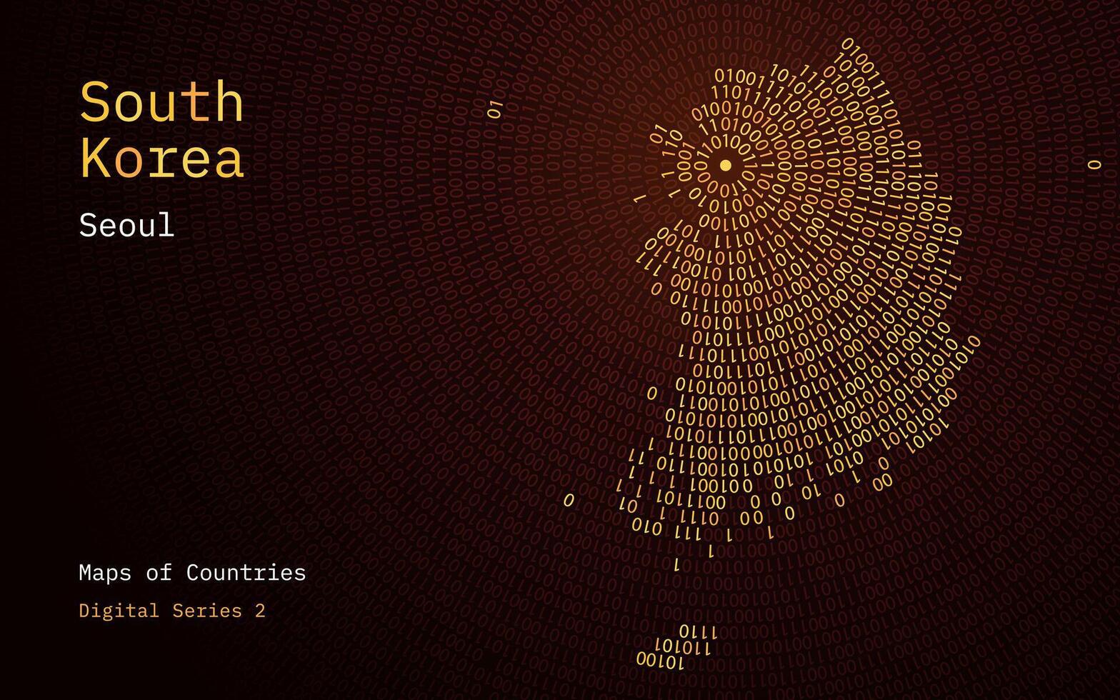 en Karta av söder korea avbildad i nollor och de i de form av en cirkel. de huvudstad, seoul, är visad i de Centrum av de cirkel vektor