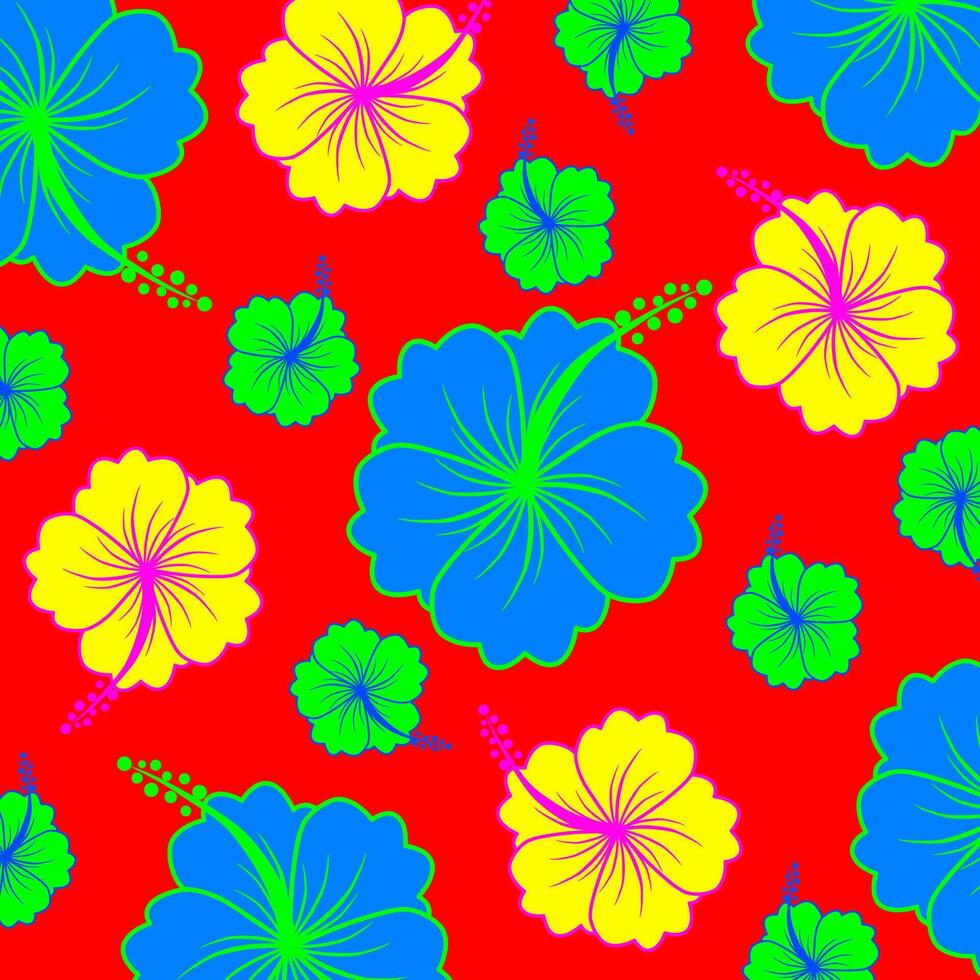 Hand gezeichnet Hibiskus Blume bunt Farben auf rot Hintergrund. Blumen- Hintergrund zum Abdeckungen, Hintergrund, Textil, Geschenk wickeln, drucken vektor