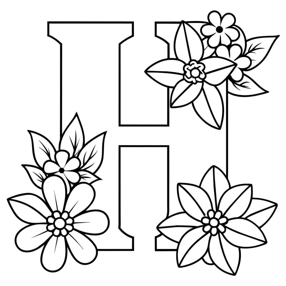 alfabet h färg sida med de blomma, h brev digital översikt blommig färg sida, ABC färg sida vektor