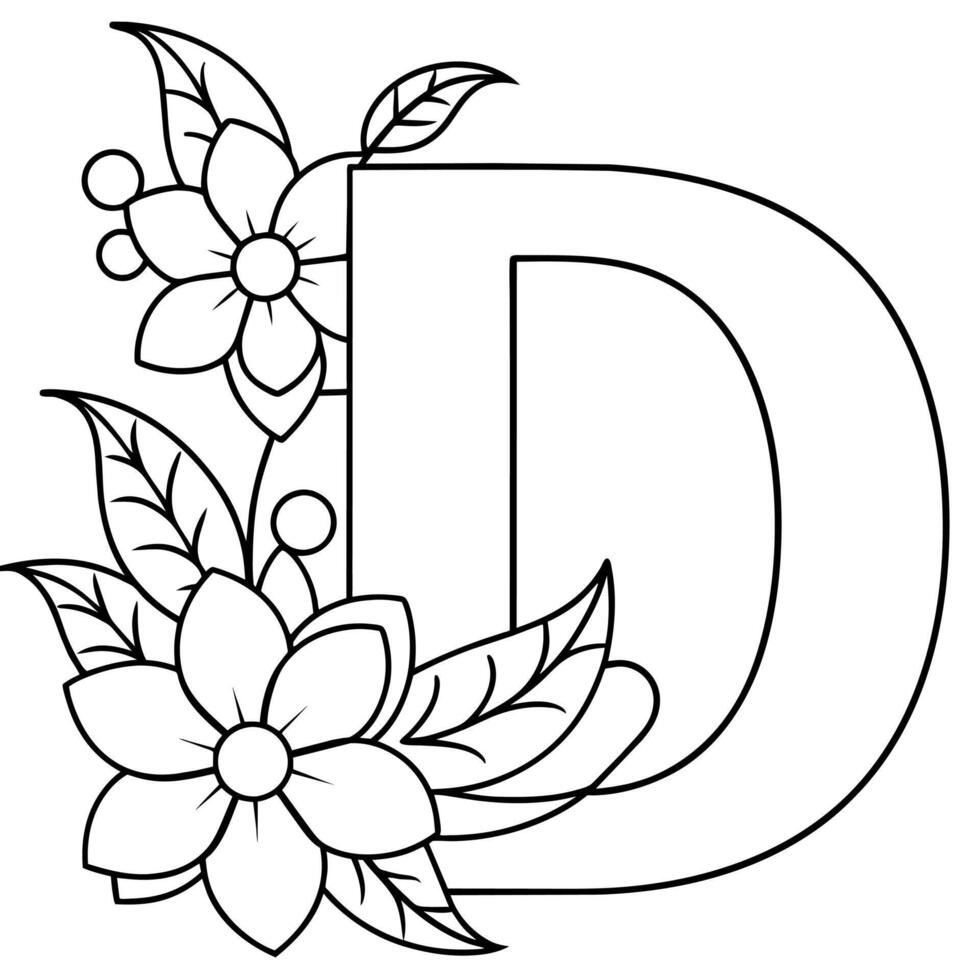 Alphabet d Färbung Seite mit das Blume, d Brief Digital Gliederung Blumen- Färbung Buchseite, ABC Färbung Seite vektor