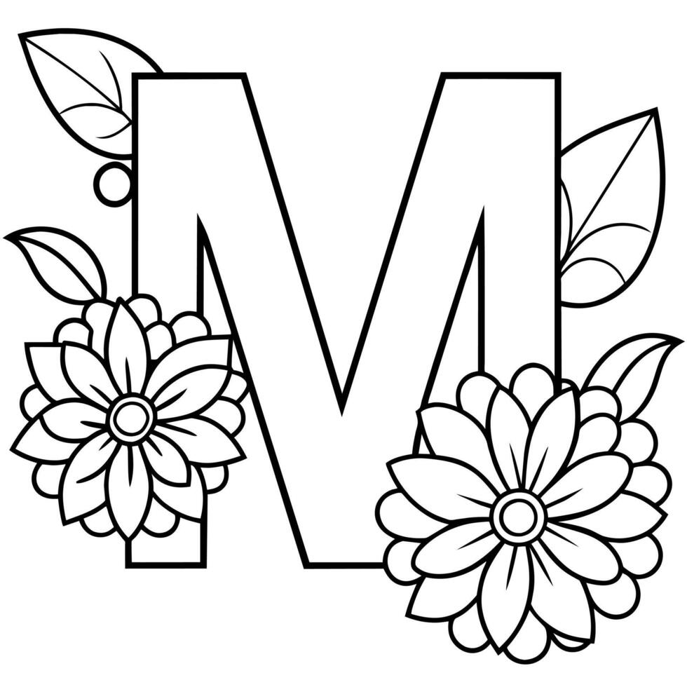 Alphabet m Färbung Seite mit das Blume, m Brief Digital Gliederung Blumen- Färbung Buchseite, ABC Färbung Seite vektor