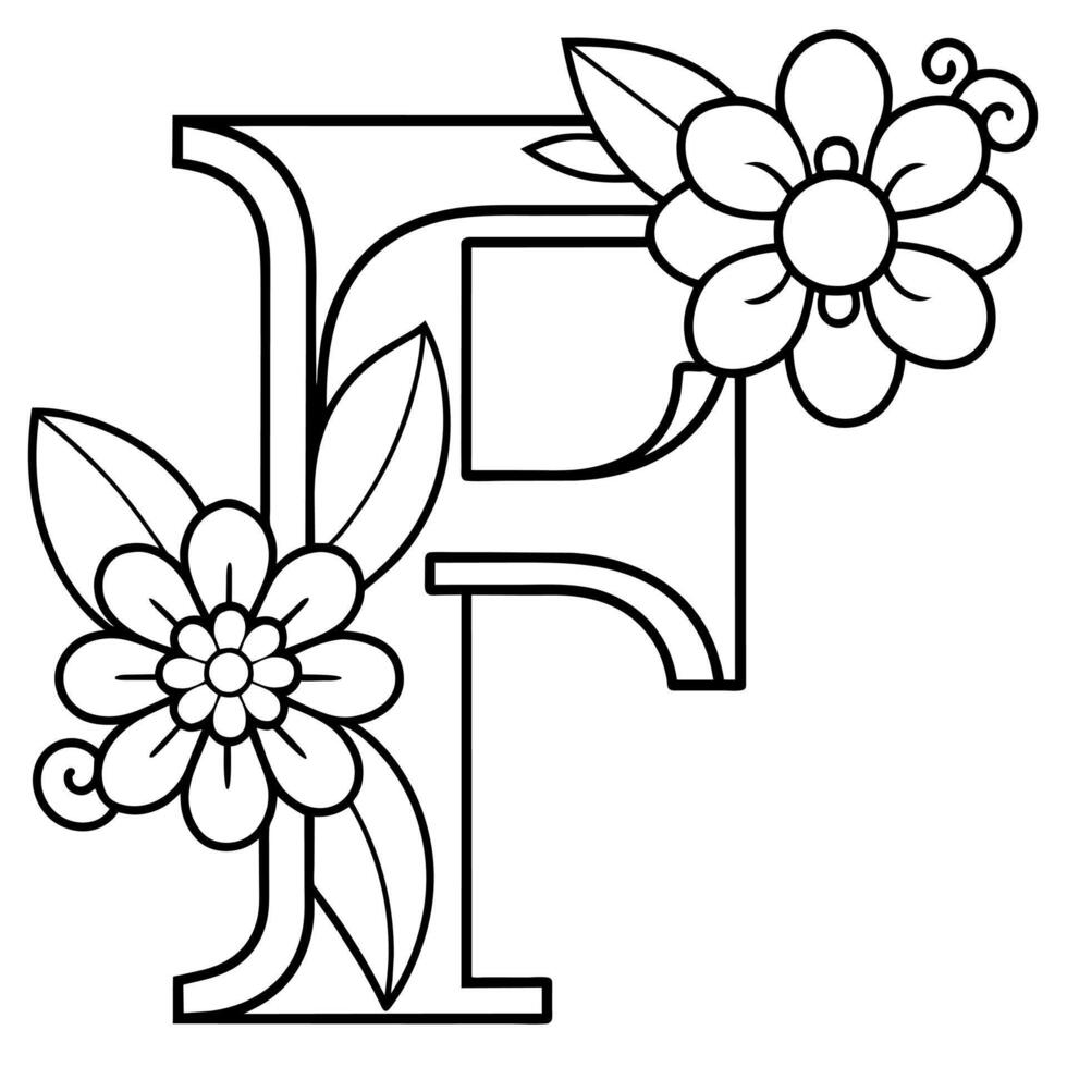 Alphabet f Färbung Seite mit das Blume, f Brief Digital Gliederung Blumen- Färbung Buchseite, ABC Färbung Seite vektor