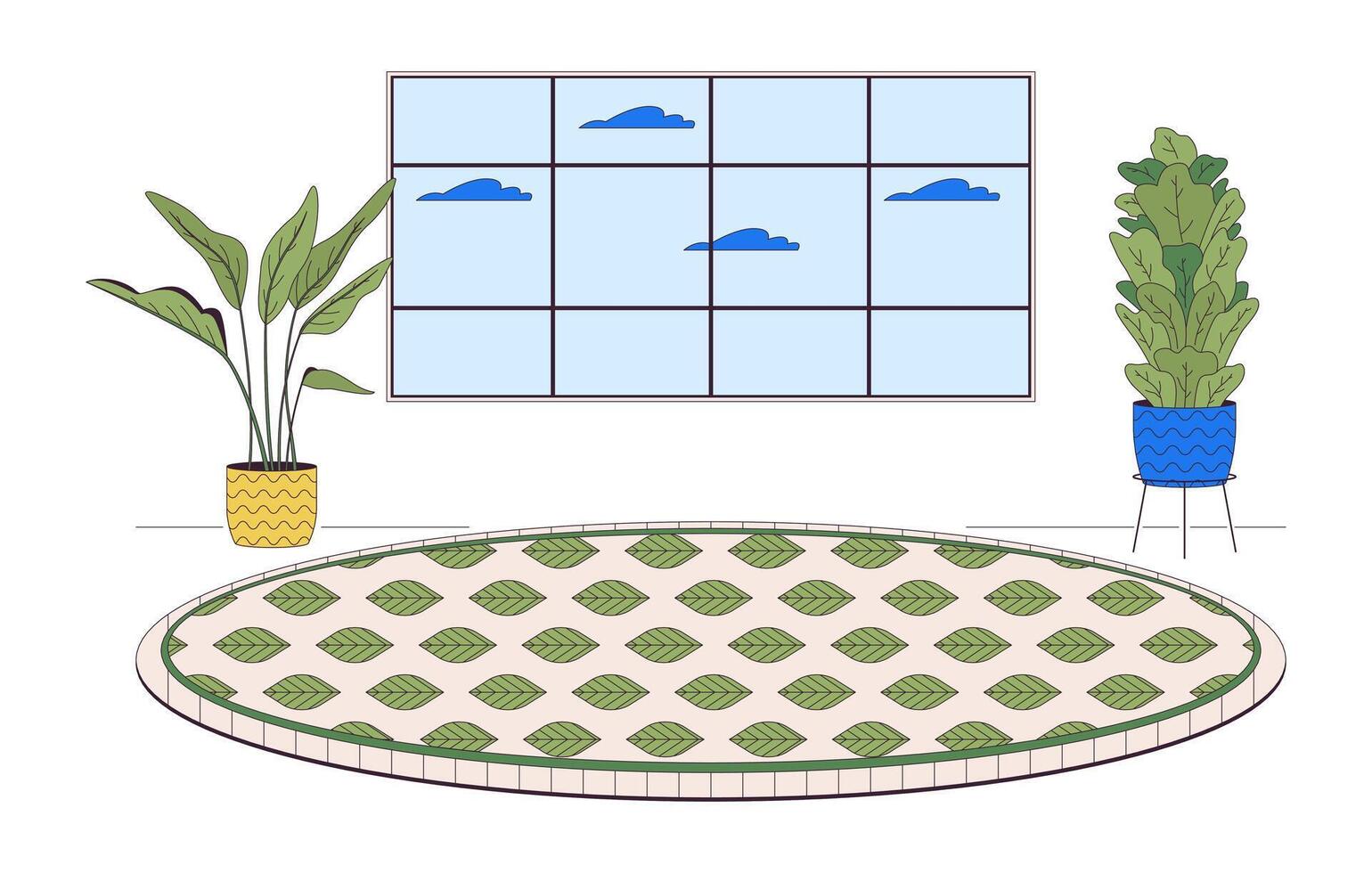 krukväxter vardagsrum mysigt matta runda linje tecknad serie platt illustration. golv matta löv mönster 2d linjekonst interiör isolerat på vit bakgrund. inlagd växter levande rum scen Färg bild vektor